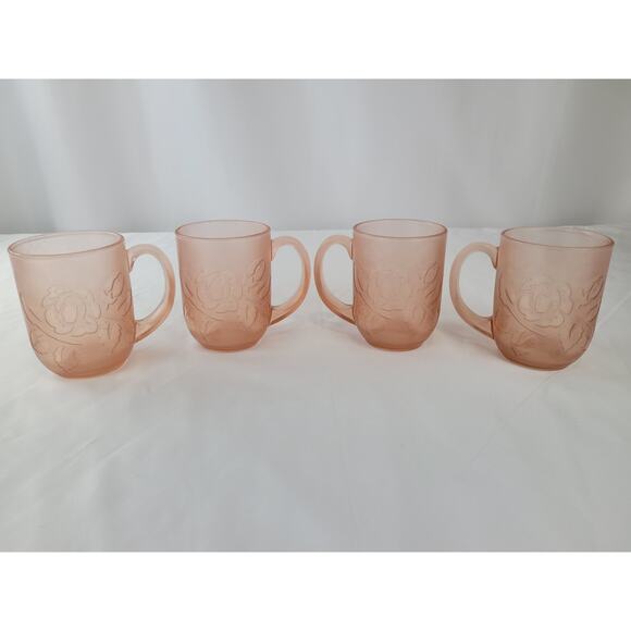 Vintage Pink Depression Glass Arcoroc France Rosaline Rose Coffee Mug Set of 4 - Picture 2 of 10